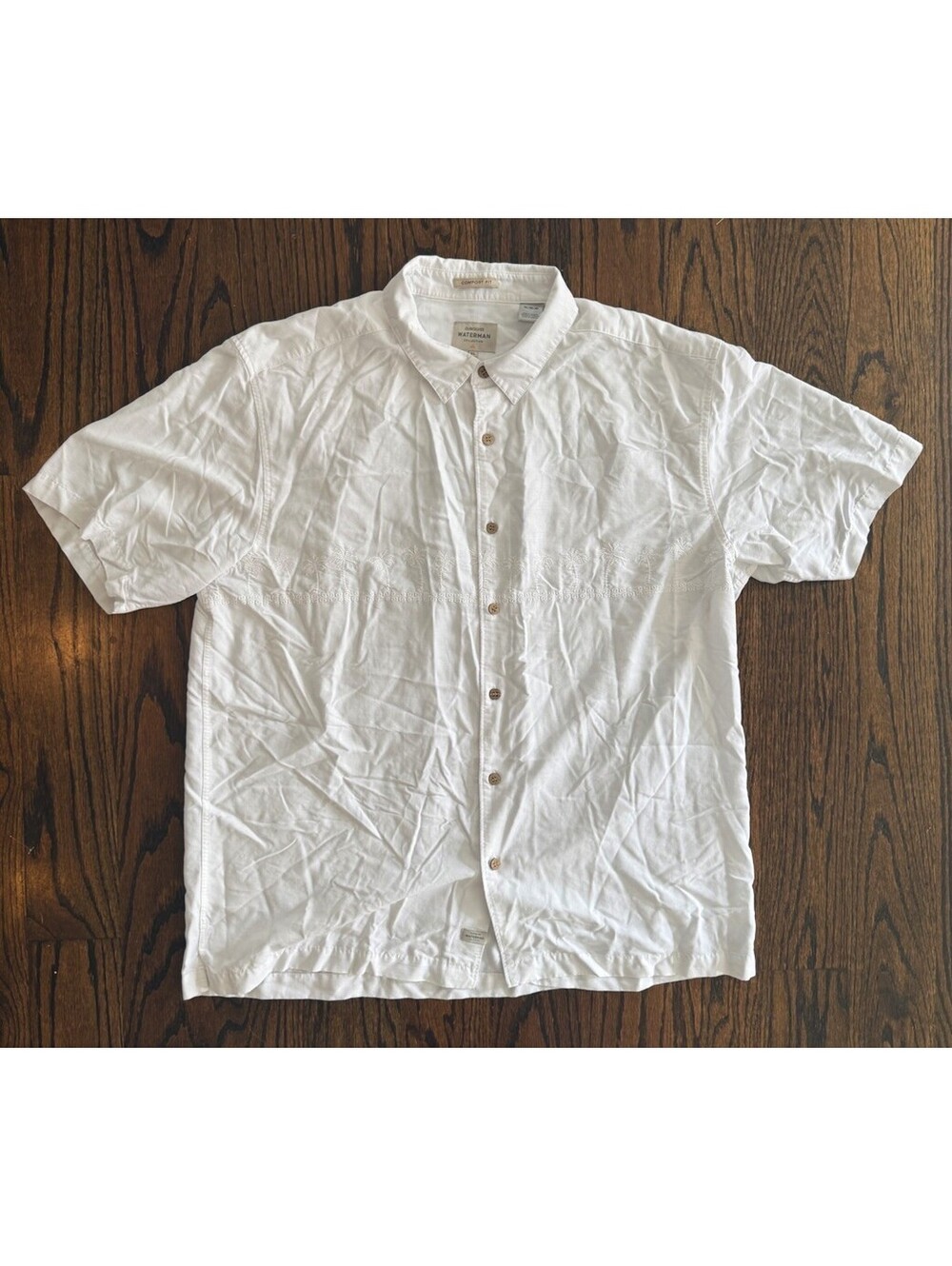 Quiksilver Waterman Shirt Mens XL White Embroidered Palm Trees Comfort Fit